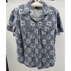HG NY Womens Lg Vintage 90's Heart Print Button Front Shirt Blue Red Cotton